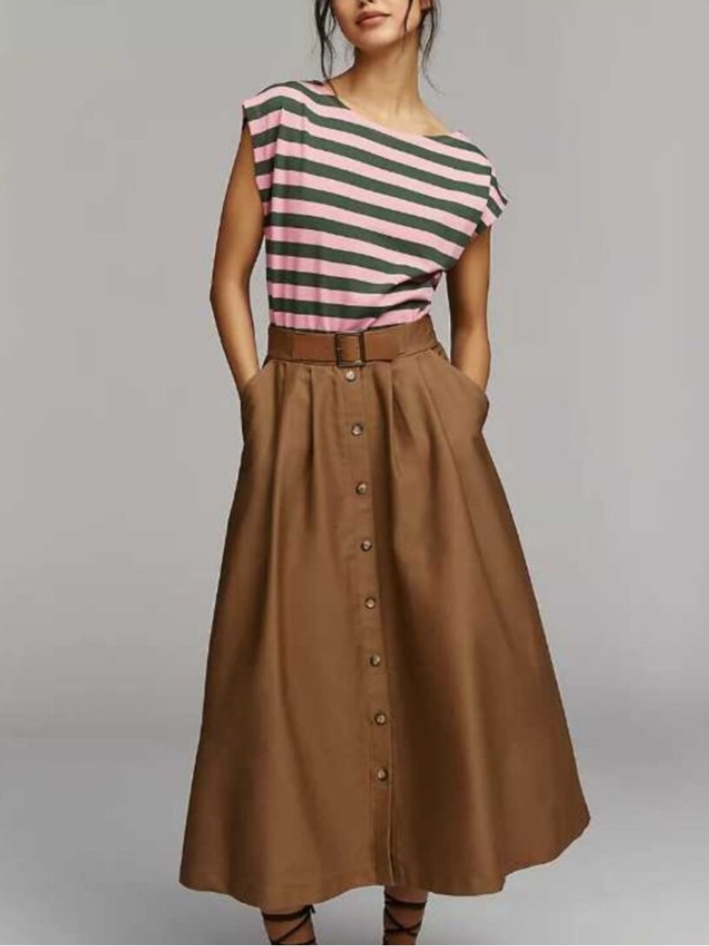 Anthropologie Pink Green Striped Twofer Khaki Button Down Pocket Belted Midi